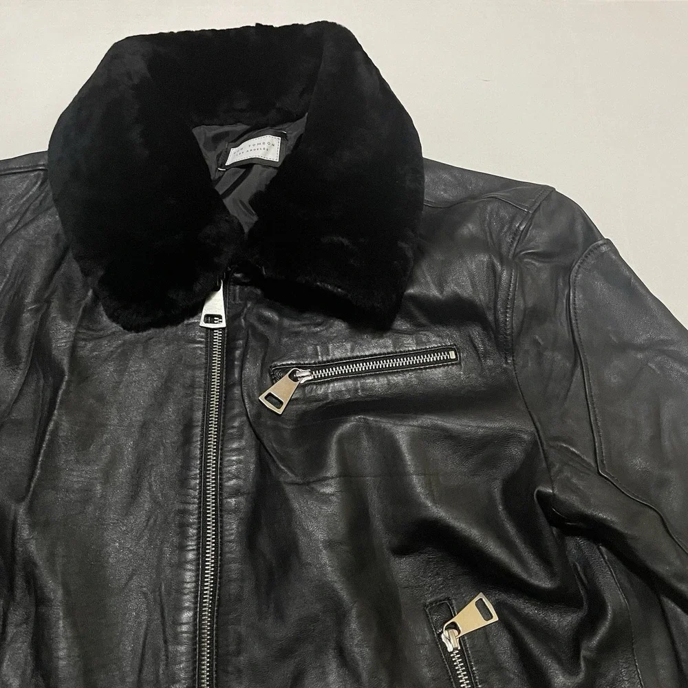 Ron Tomson Mens Black Lambskin Motorcycle Jacket Size XL 52 Removable Fur Collar